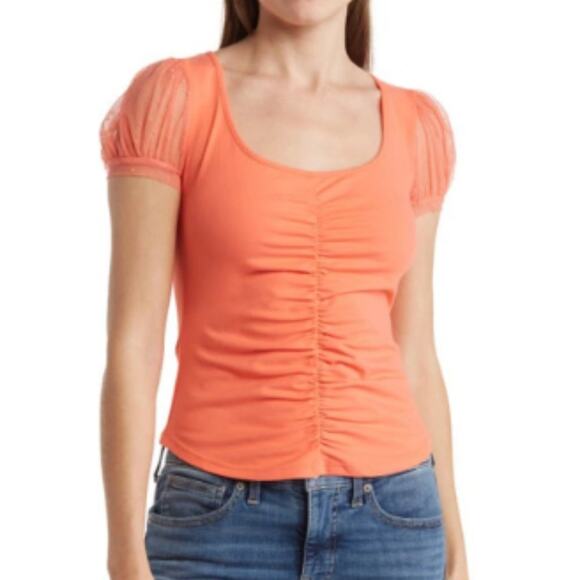 New ~ FREE PEOPLE  ~ Blush Up Ruched Blouse XS STRETCHY FALL VIBES - Picture 1 of 9